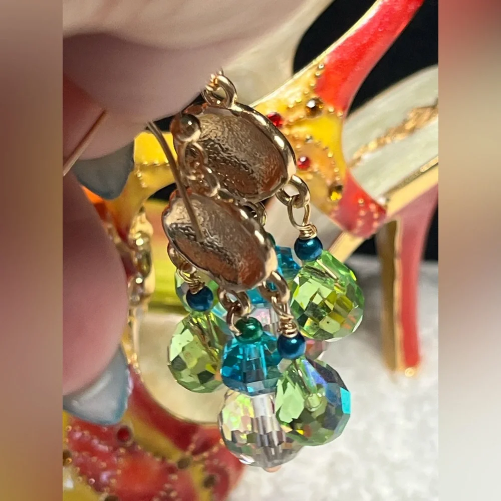 Gold, Green and Blue Shell Dangle Earrings - Picture 6 of 12